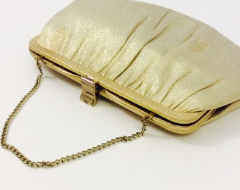 1960s Gold Evening Clutch Purse by Ande 60s Gold Lame Clutch, Wristlet Vintage Bag Designer Formal Handbags Gold Metallic Fabric Purse