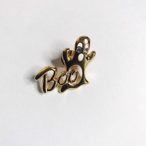 Vintage Halloween Boo Pin Gold Tone Ghost and Goblins Pin Rhinestone Eyes Brooch Scarf Pin Pinback