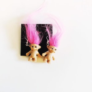 Retro Pink Troll Earrings Dangle Retro Style Earrings with Silver Plated Hooks Dangle Troll Doll Earrings Hot Pink Hair