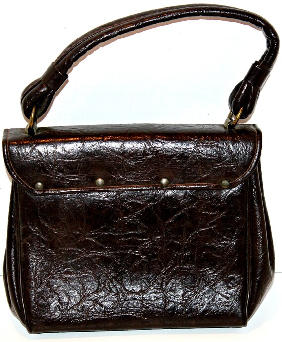 Vintage Dark Brown Faux Leather 1960's Handbag Pu… - image 3