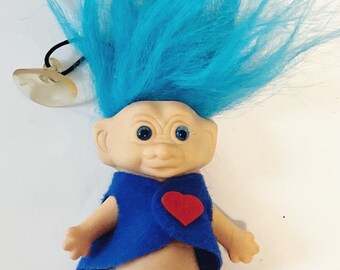 ヴィンテージ エース ノベルティ トロール人形：青い髪、ラブハート