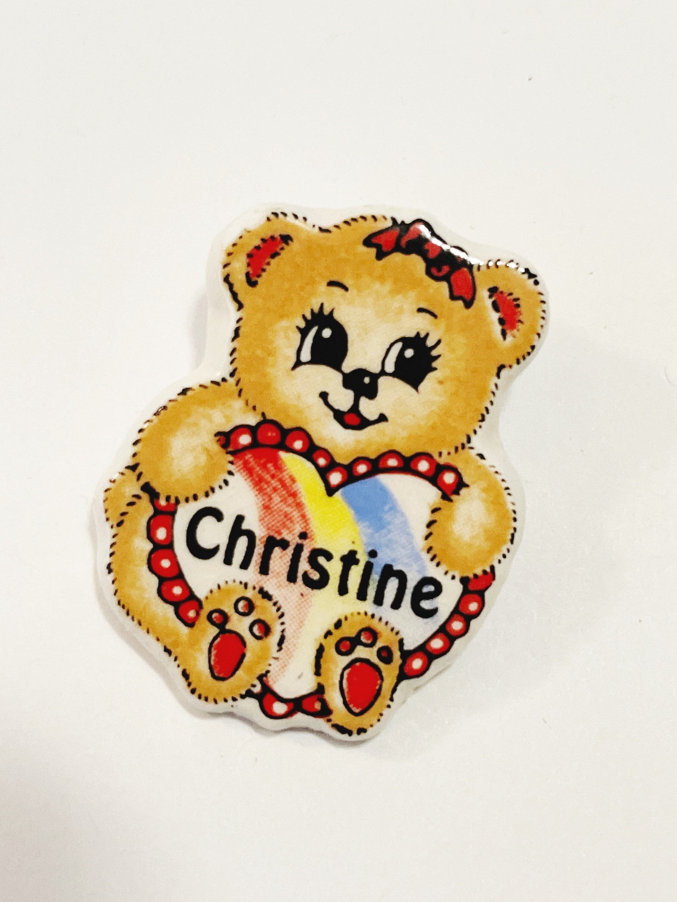 Vintage Ceramic Teddy Bear Pin: 'christine' Rainbow Heart Brooch