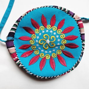 Round Embroidered Floral Shoulder Bag Turquoise Blue Eclectic Fabric Purse Small Handbag Circle Crossbody Boho Hipster Accessories