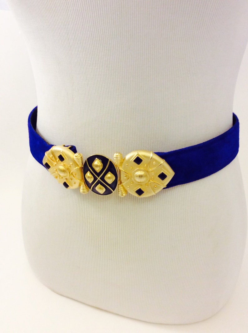 Vintage Carlise 1980s Chunky Gold Statement Belt Suede Midnight Blue Golden Belt Jewelry 80s Bold Accent Buckle Ladies Belts Size Small
