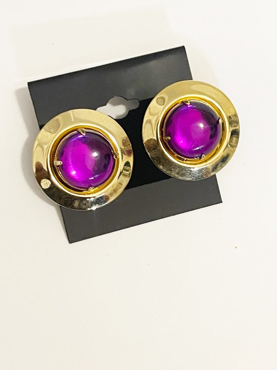 1980s Gem Earrings Purple and Gold Huge Button Ea… - image 3