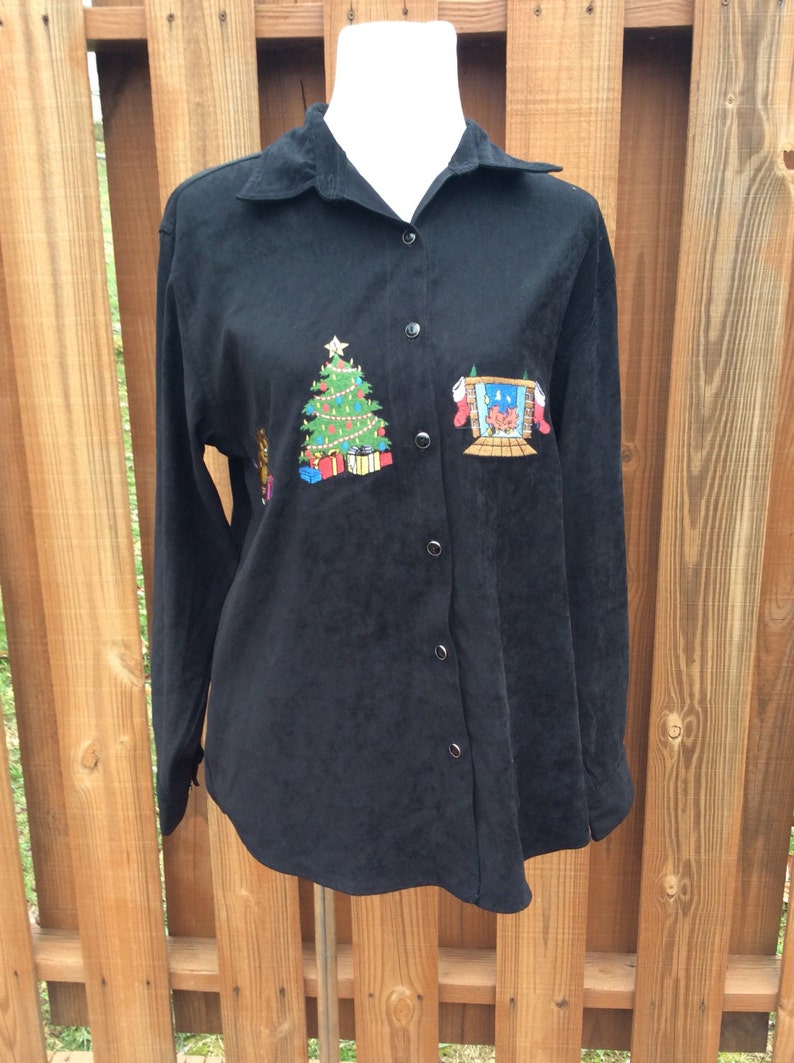 Black Long Sleeve Woman/'s Size M Holiday Velveteen Blouse Tops Ugly Christmas Shirt Bill Blass Jeans Ladies Christmas Shirt Button Down