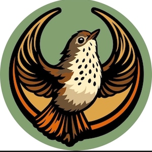 May include: A stylized illustration of a bird with outstretched wings, set against a green circular background. The bird features brown, tan, and orange hues, with a speckled chest and a detailed wing design. The artwork has a vintage, nature-inspired aesthetic.