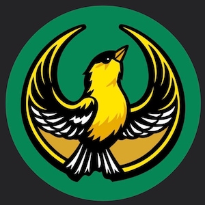 Könnte beinhalten: Stilisierte Illustration eines gelben Vogels mit schwarzen und weißen Akzenten, vor einem grünen Kreis. Der Vogel hat ausgebreitete Flügel, der Hintergrund ist dunkelgrau. Das Design ist einfach und auffällig.