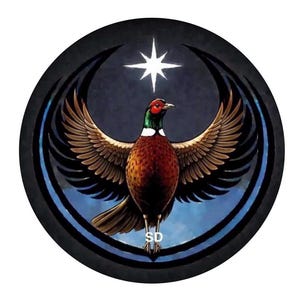 May include: Circular emblem featuring a pheasant with outstretched wings, a red head, and brown plumage. Above the pheasant is a white star, and the background is a dark blue with a crescent design. The initials "SD" are at the bottom.