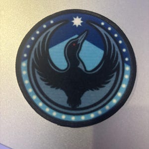 Könnte beinhalten: Runder Aufnäher mit einem stilisierten schwarzen Vogel mit ausgebreiteten Flügeln, vor einer blau-hellblauen Bergkulisse. Der Vogel hat ein rotes Auge. Der Aufnäher ist von einem Ring aus weißen Sternen auf blauem Grund umrandet.