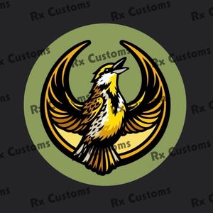 May include: A circular emblem with a yellow and black bird design, wings spread wide. The bird is set on a green circle, with the text "Rx Customs" repeated around the edge. The background is dark.