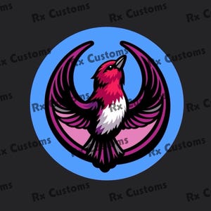 May include: A circular emblem with a bird design in shades of red and white, set against a light blue circle. The bird has outstretched wings. The text "Rx Customs" is repeated around the edge of the circle.