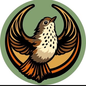May include: A detailed illustration of a bird with open wings, set within a green circular frame. The bird is depicted in shades of brown, tan, and orange, with a speckled chest and intricate wing patterns. The design has a vintage, nature-inspired style.