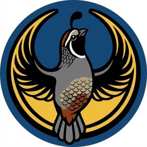 May include: A stylized illustration of a quail bird with outstretched wings, set within a blue circle. The bird is gray, brown, and black, with yellow accents on the wings. The design is bold and graphic.