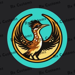 May include: A circular graphic featuring a roadrunner bird design. The bird is brown, black, and white, with a yellow and orange outline. The background is a light blue circle, and the text "Rx Customs" is repeated around the edge.