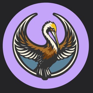 May include: A stylized pelican illustration in a purple circle. The pelican has outstretched wings with brown and white feathers, a yellow head, and a blue beak. The design is outlined in black and white, set against a dark background.