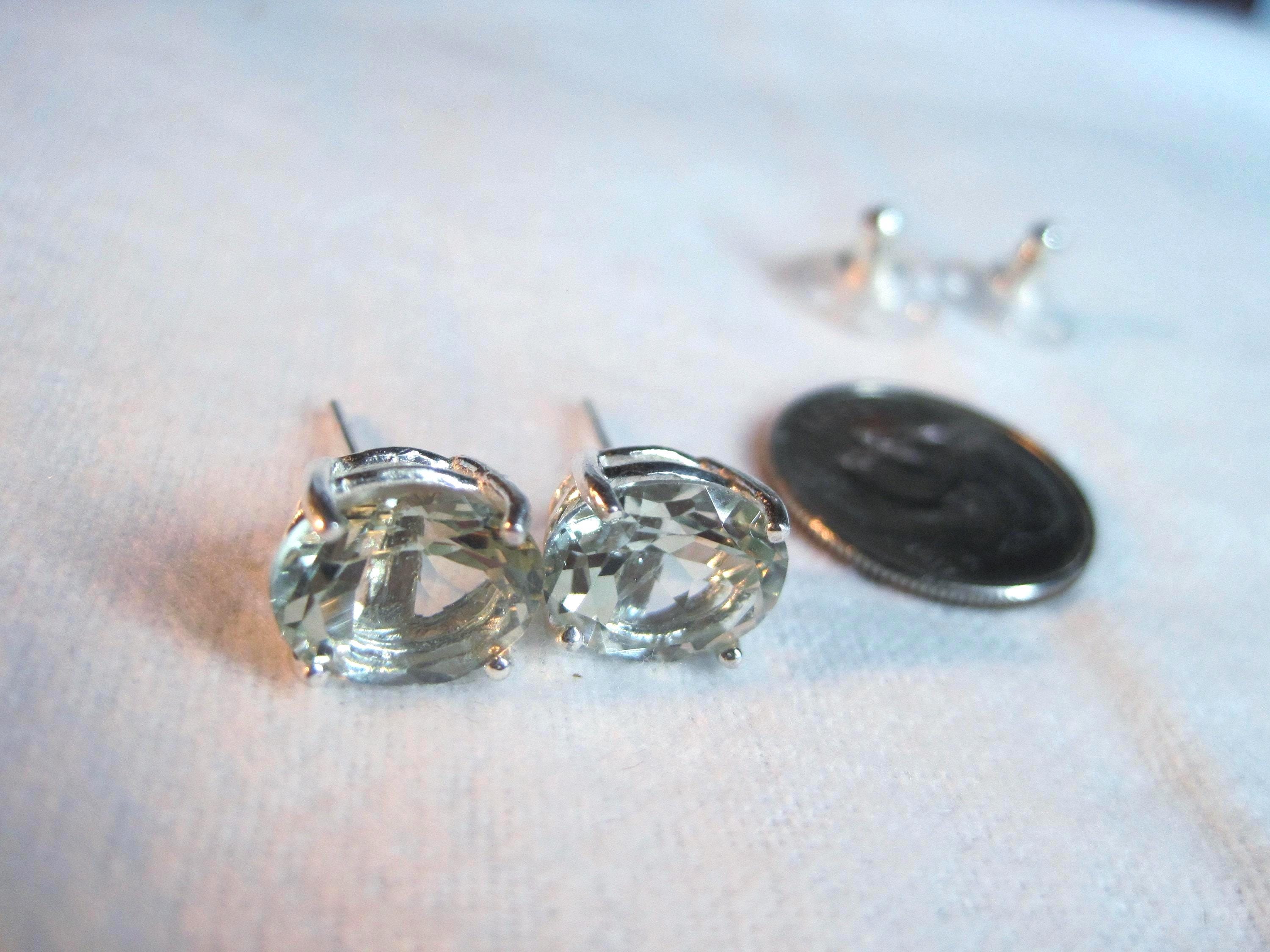 Prasiolite Earrings 10x8 Studs AAA Mint Green Natural Brazil Earth Mined Oval Heated Amethyst Gemstones VVS Clear Solid Premium 925 USA