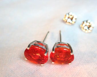 Mexican Fire Opal Gem 8x6mm Stud Earrings Natural Earth Mined Orange Red Gold Rare Color Untreated Gemstone Solid Sterling Premium 925 USA