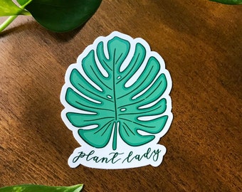 Plant Lady Sticker, Monstera Leaf Drawing Sticker, Cute Crazy Plant Lover Gift, Laptop Sticker, Water Bottle Decal