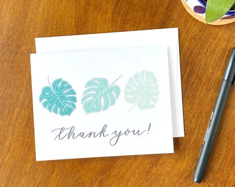 Tarjeta de agradecimiento con planta Monstera, tarjetas de felicitación con plantas, interior en blanco
