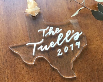 Custom Texas Shaped Christmas Ornaments, Personalized Texas Gift, Family Name Ornament, Shape of Texas Ornament