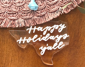 Happy Holidays Y'all Ornament, Fun Texas Shaped Ornament, Handmade Christmas Decor, Shape of Texas Ornament