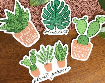 Set de pegatinas de plantas: cactus, serpiente y monstera dibujados a mano, vinilo impermeable.