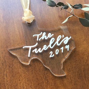 Custom Texas Shaped Christmas Ornaments, Personalized Texas Gift, Family Name Ornament, Shape of Texas Ornament