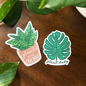 Set of Two Plant Stickers, Hand Drawn Plant Lady Sticker and Plants are Friends Sticker, Cute Crazy Plant Lady Gift, Water Bottle Stickers image 1