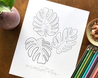 Monstera Leaf Coloring Page, Fun Modern Monstera Leaf Drawing, Fun Easy Coloring Activity for Kids, Botanical Adult Coloring Sheets