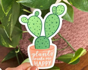 Pegatina de cactus: Las plantas me hacen feliz, dibujada a mano, resistente al agua
