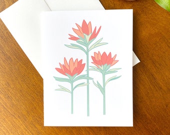 Tarjeta de felicitación con pincel indio, papelería con flores silvestres ilustrada a mano, interior en blanco