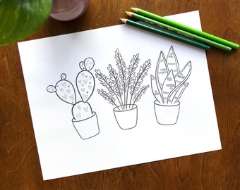 Fun Plant Coloring Page, Printable Coloring Sheets, Happy Coloring Book Sheets for Kids, Hand Drawn Plant Art, Adult Plant Coloring Pages