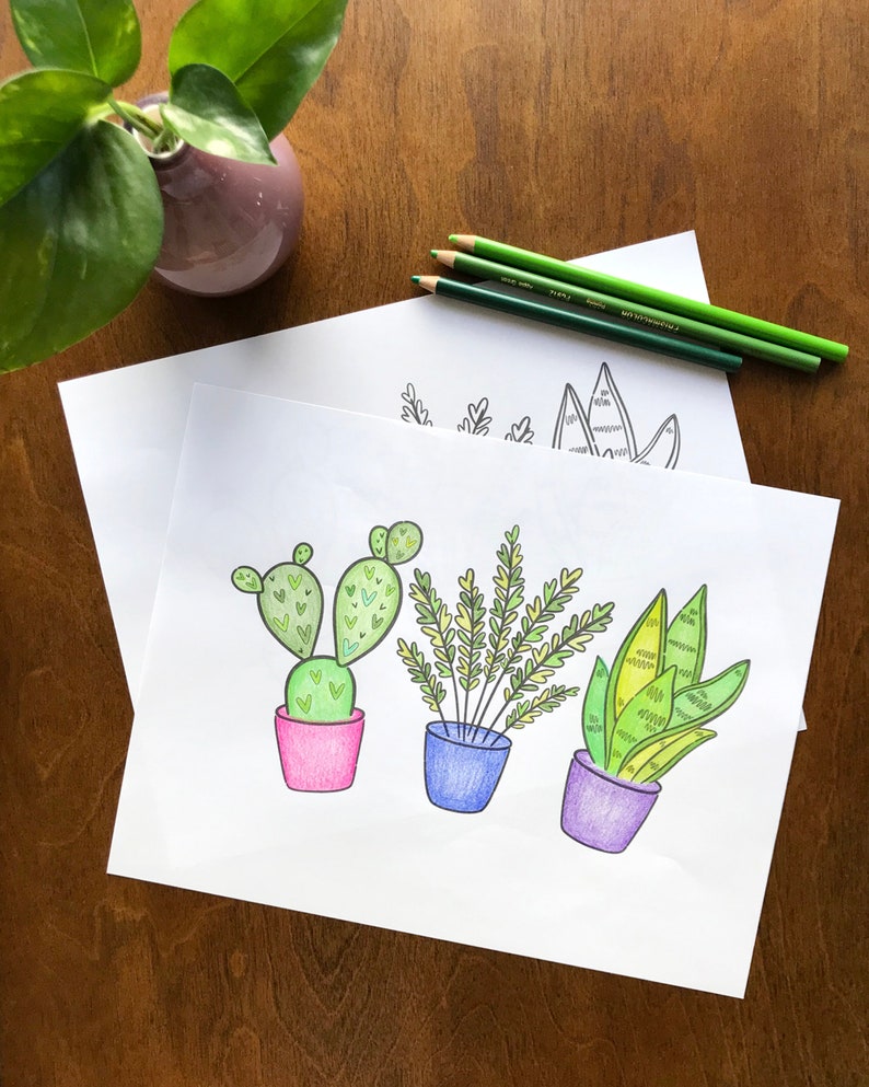 Fun Plant Coloring Page, Printable Coloring Sheets, Happy Coloring Book Sheets for Kids, Hand Drawn Plant Art, Adult Plant Coloring Pages image 4