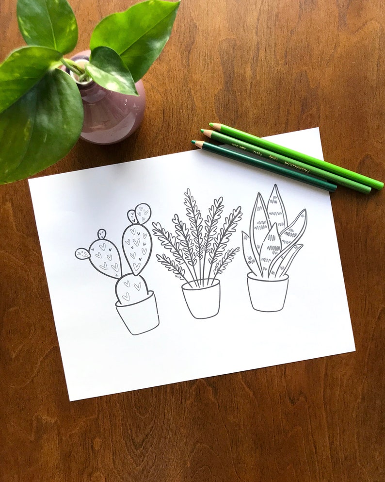 Fun Plant Coloring Page, Printable Coloring Sheets, Happy Coloring Book Sheets for Kids, Hand Drawn Plant Art, Adult Plant Coloring Pages image 1