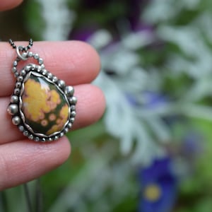 May include: A silver necklace with a teardrop-shaped pendant featuring a green, yellow, and pink ocean jasper stone.