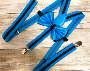 Black Purple Vertical Stripe Clip on Suspender Bow-Tie Combo Matching Set Elastic Y-Shape Adjustable BracesAdults