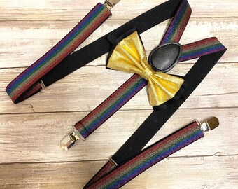 Black Purple Vertical Stripe Clip on Suspender Bow-Tie Combo Matching Set Elastic Y-Shape Adjustable BracesAdults