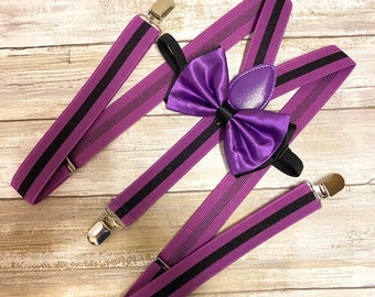 Black Purple Vertical Stripe Clip on Suspender Bow-Tie Combo Matching Set Elastic Y-Shape Adjustable BracesAdults