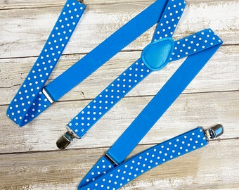 Blue White Polka Dot Men's Suspenders/ Adjustable Elastic Suspenders / groomsmen Suspenders/ 1" Inch Suspenders