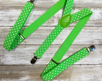 Green White Polka Dot Men's Suspenders/ Adjustable Elastic Suspenders / groomsmen Suspenders/ 1" Inch Suspenders