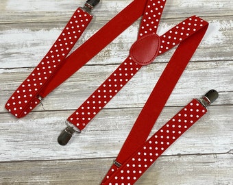Bretelles homme rouge blanc à pois/bretelles élastiques réglables/bretelles garçons d'honneur/bretelles 2,5 cm