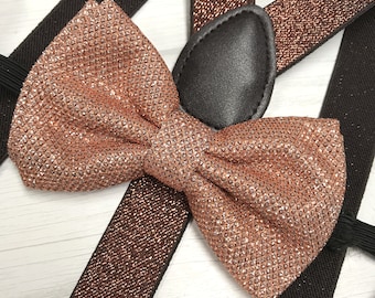 Adults Rose Gold Glitter Suspender  Bowtie Matching Set / Wedding Photoshoot Combo Set / Teen Men Women