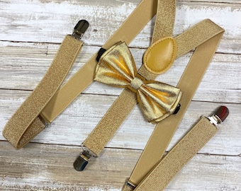 Adultos Gold Glitter Suspender Metallic Bowtie Match Set / Wedding Photoshoot Combo Set / Teen Men Women