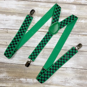 Adults Teens Checker Suspenders/ Adjustable Elastic / groomsmen Suspenders/ 1" Inch Suspenders BLACK/GREEN CHECKER