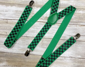 Black Green Checker Adultes Adolescents Bretelles pour hommes / Élastique réglable / Bretelles pour garçons d’honneur / Bretelles de 1 pouce