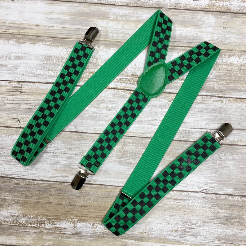 Adults Teens Checker Suspenders/ Adjustable Elastic / groomsmen Suspenders/ 1" Inch Suspenders BLACK/GREEN CHECKER
