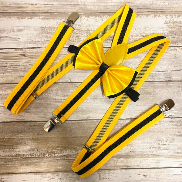 Black Yellow Vertical Stripe /Clip on Suspender Bow-Tie Combo Matching Set /Elastic Y-Shape Adjustable Braces/Adults