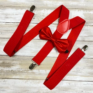 Men&#39;s Red Wide 1.5 Inch Suspender, Bowtie Matching Set / Wedding Shotoshoot Combo Set / Adjustable Elastic Suspender