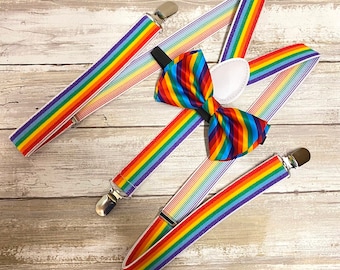 Adults/Teen Rainbow Suspender  Bow-tie Matching Set / Wedding Photoshoot Combo Set / Adjustable Elastic Suspender
